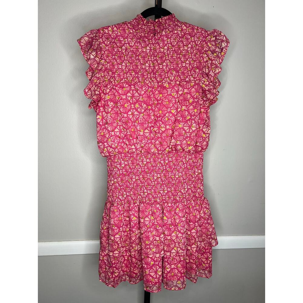 Aqua Pink Smocked Ruffle Mini Dress Gold Dot Floral Sleeveless Size L - Picture 3 of 6